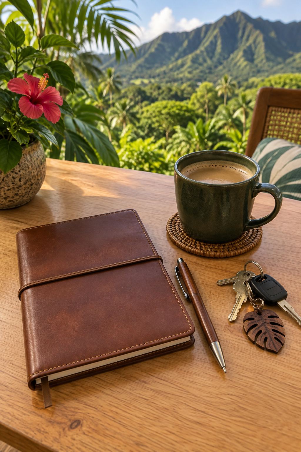 Desk flat-lay, illustrative