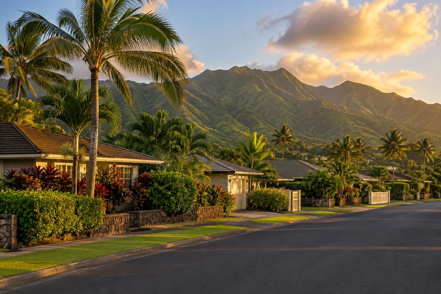 A residential street on Oahu with palms and green mountains, illustrative