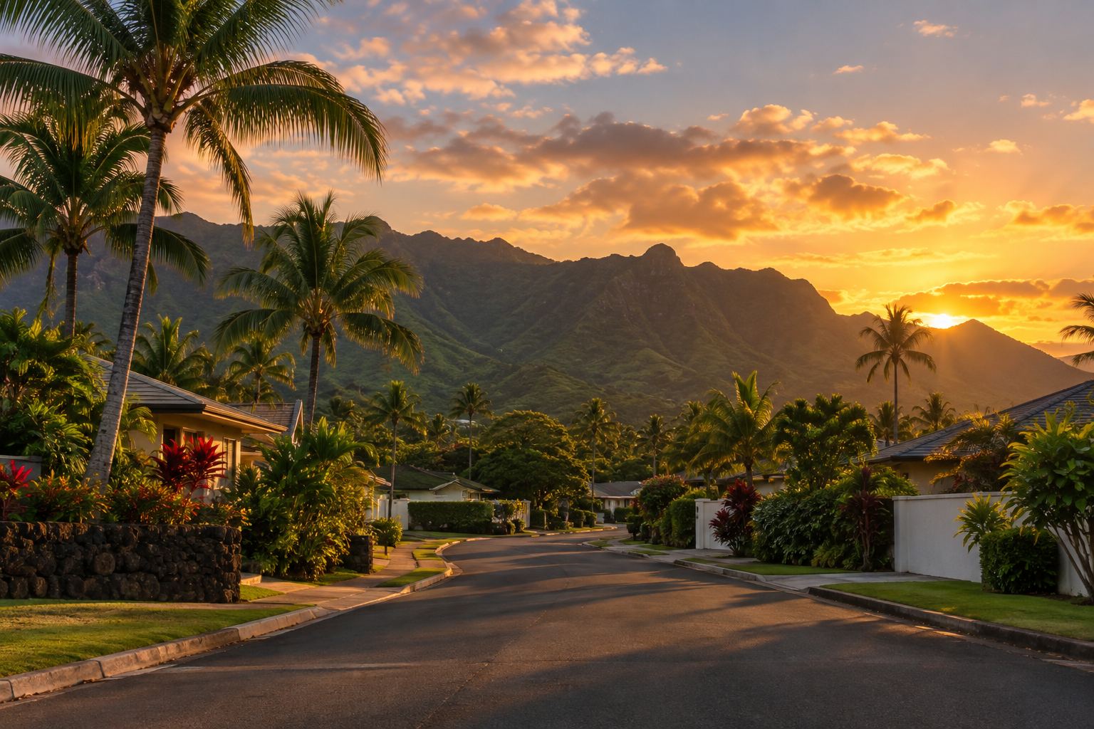 A Honolulu residential street at sunset, illustrative