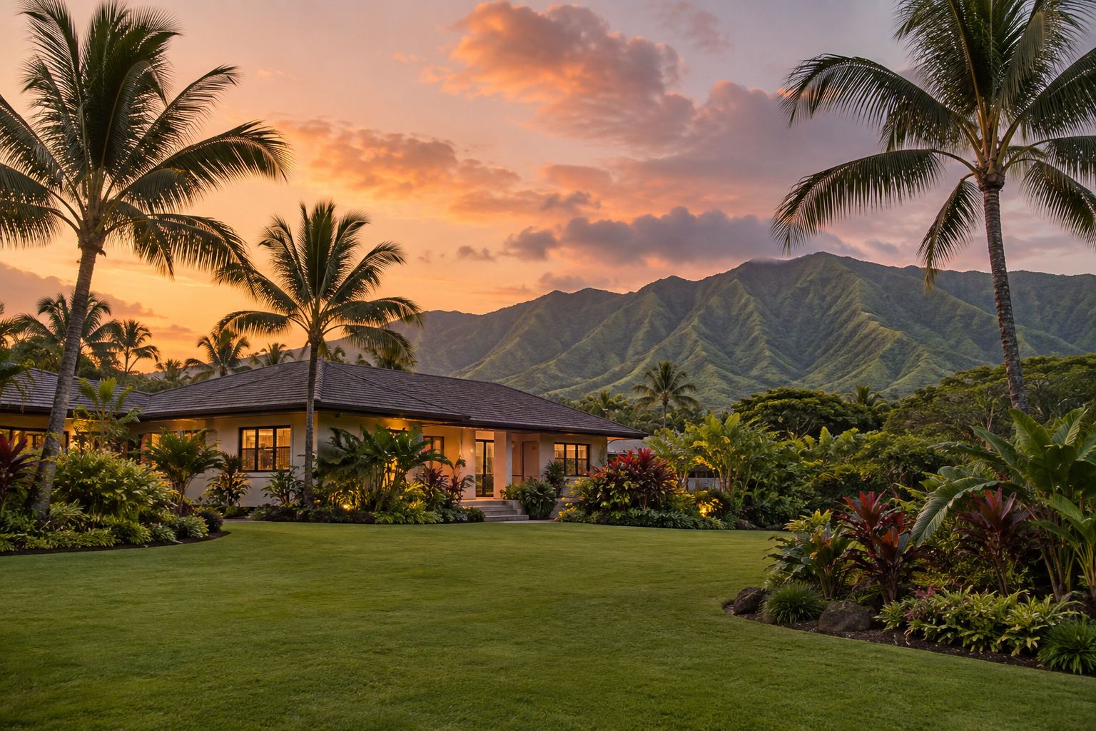 A Honolulu waterfront home at dusk, illustrative