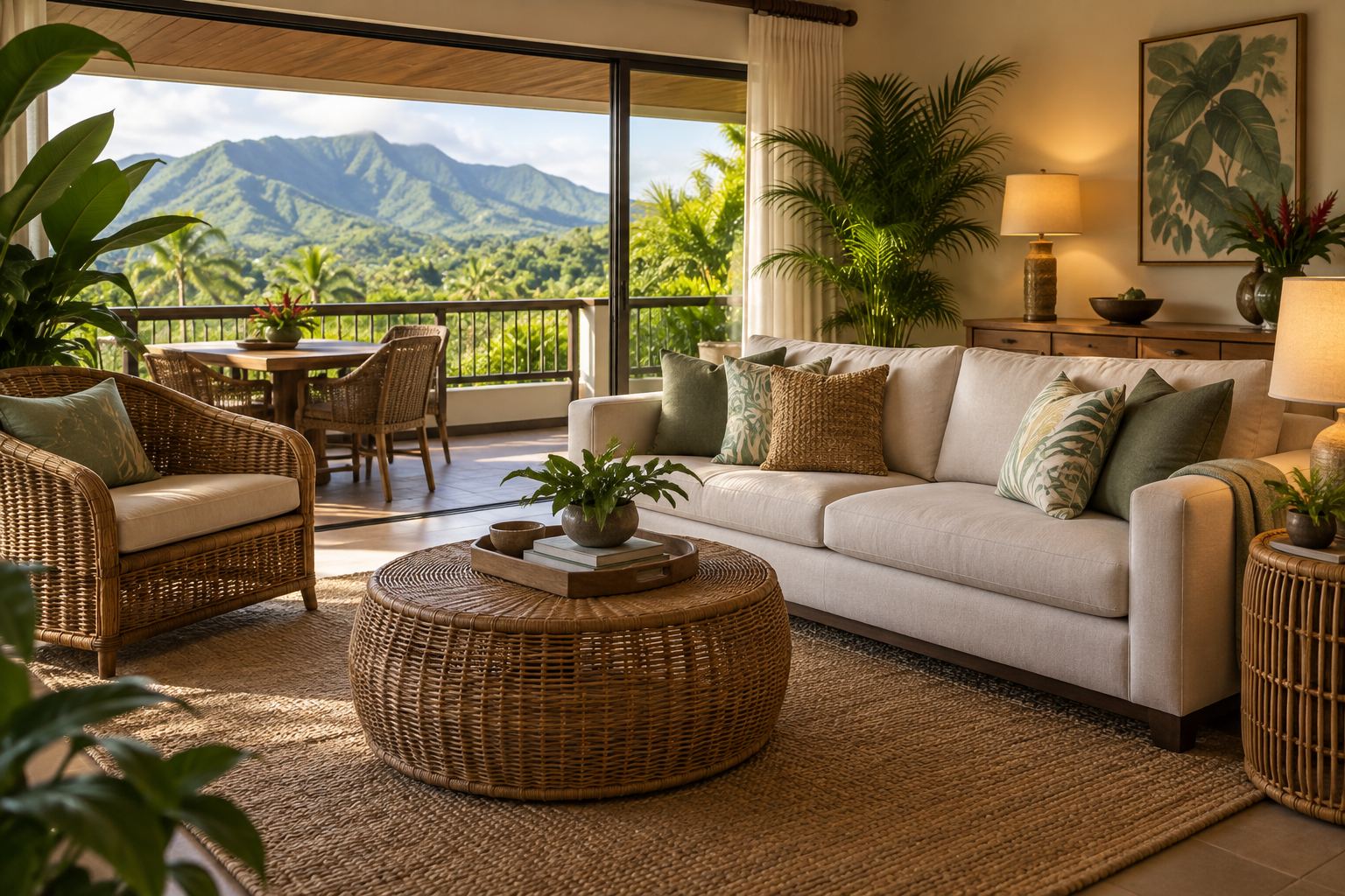 A cozy Honolulu living room, illustrative
