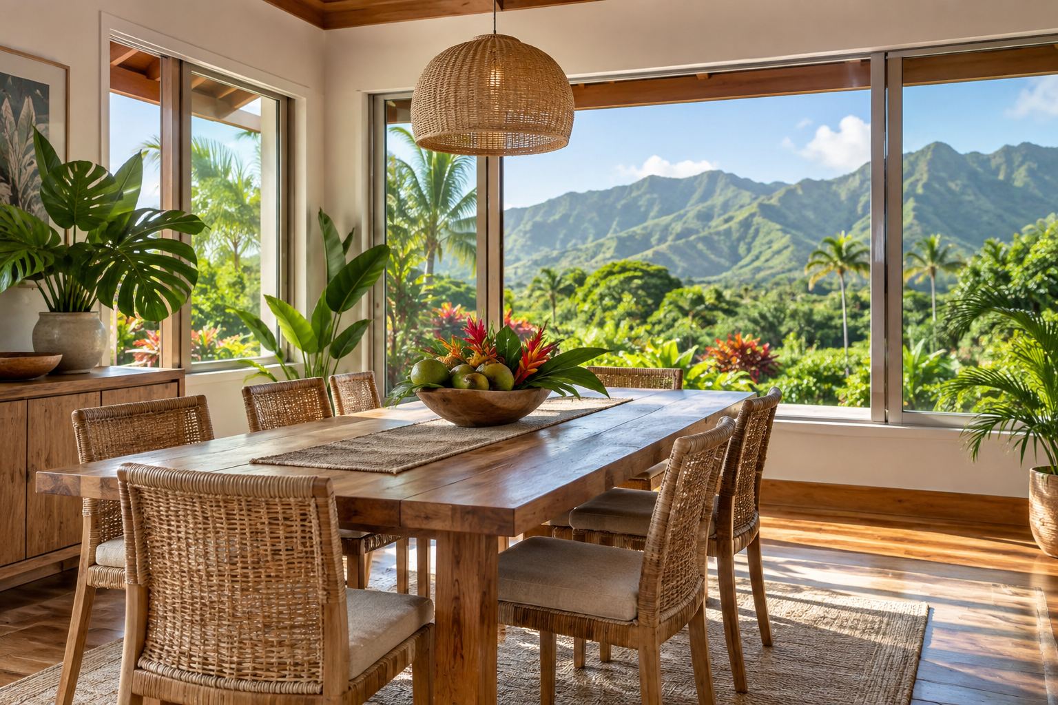 A bright coastal dining room, illustrative
